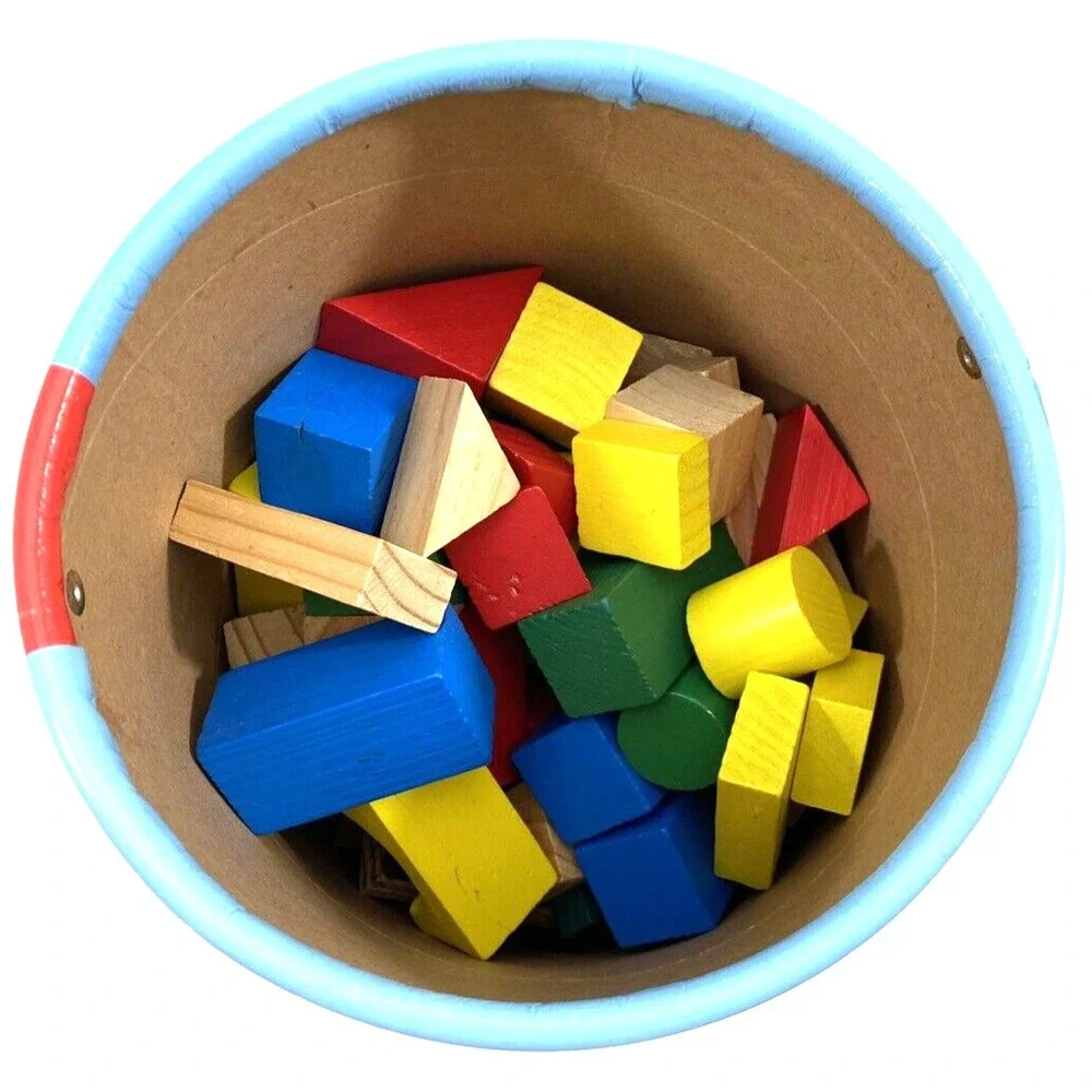 Wooden Building Blocks Set of 100 Various Colors and Shapes and Storage Canister